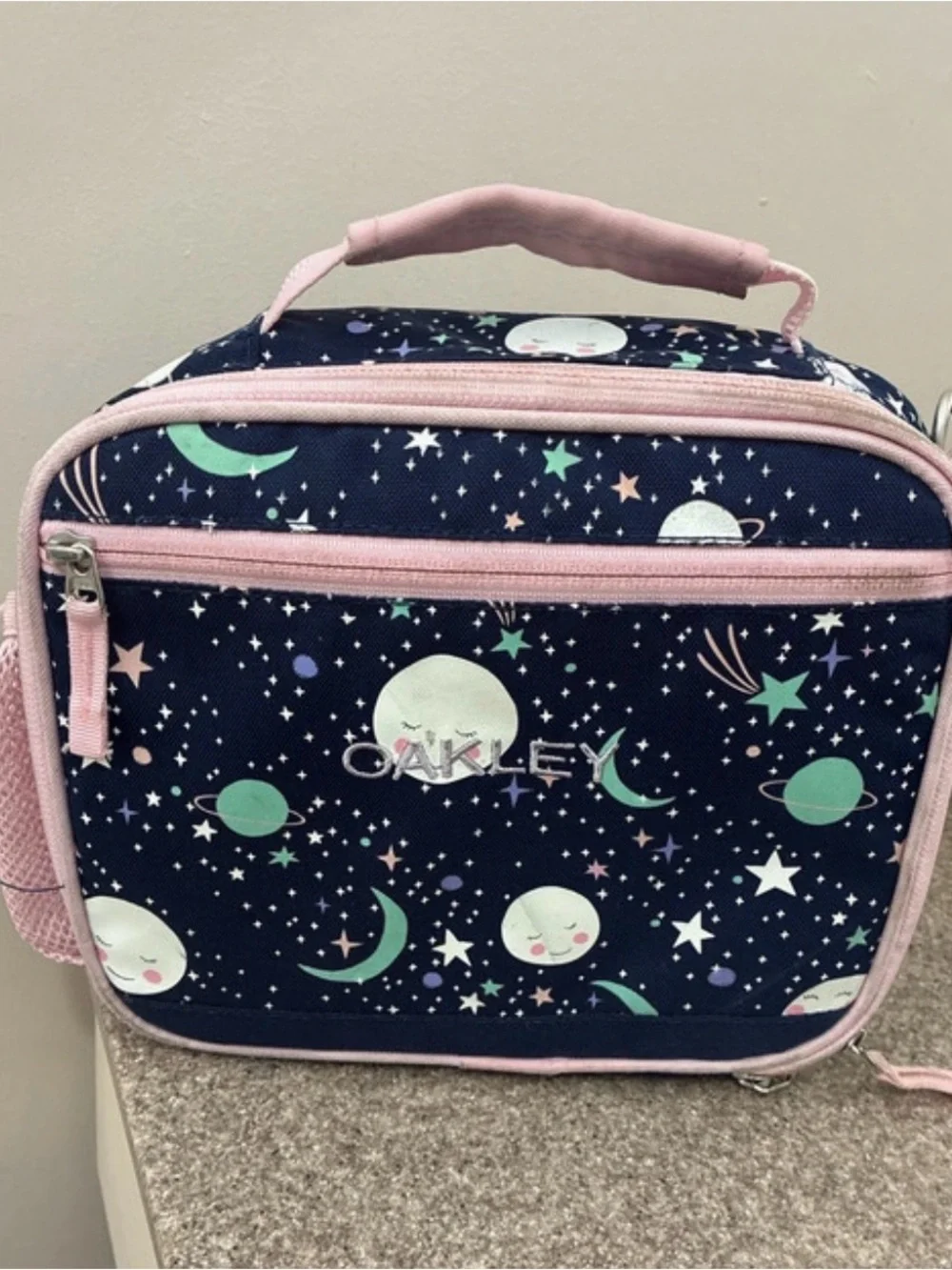 Pottery Barn Kids Navy Space-Print Lunch Bag with Pink Trim